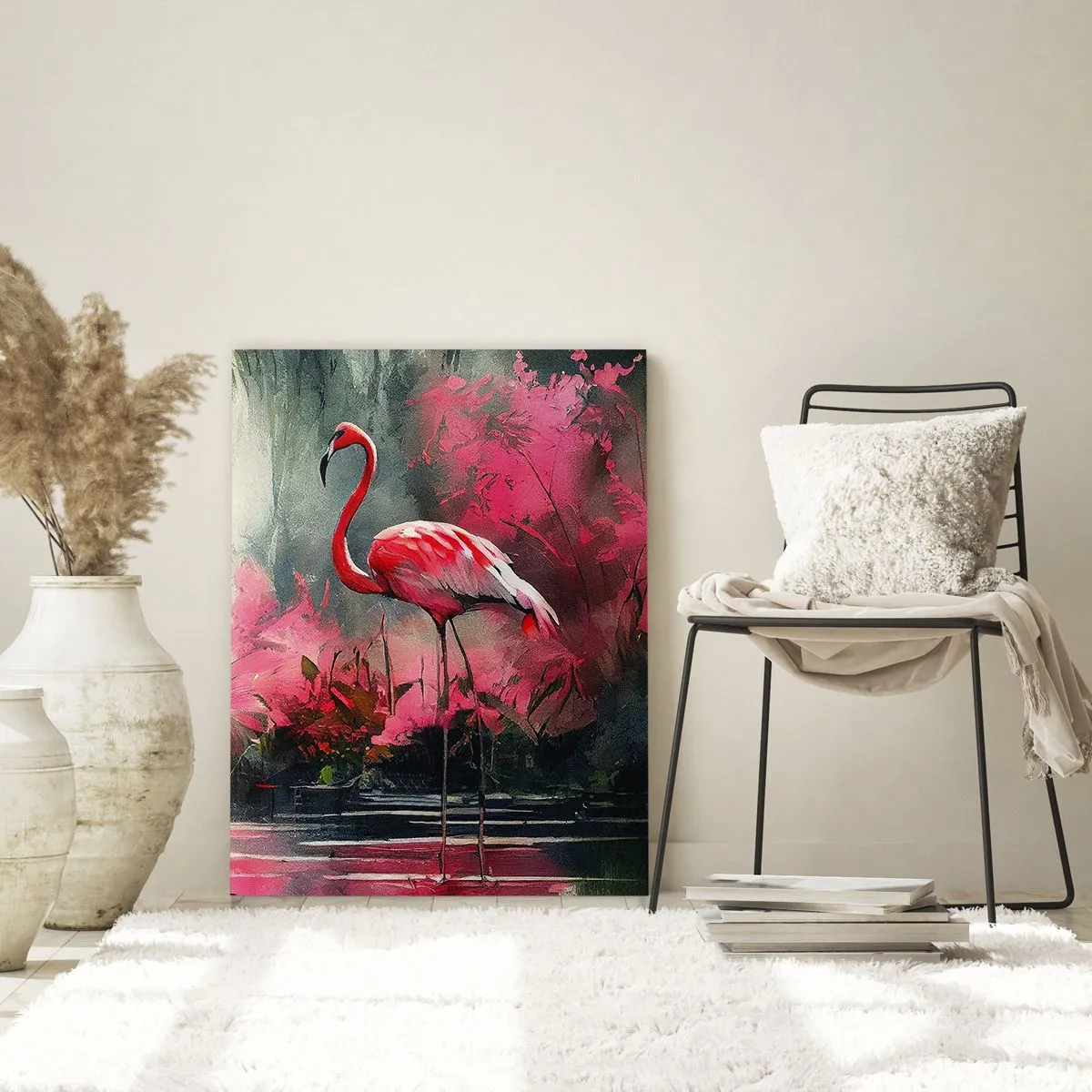 Impression sur verre - Image sur verre - Flamants roses au bord de l'eau entourés de végétation - 80x120cm - Une leçon de grâce naturelle - Décoration murale moderne pour le salon et la chambre ARTTOR
