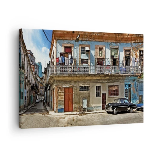 Impression sur toile - Image sur toile - Des immeubles colorés et une voiture classique dans le paysage urbain - 70x50cm - Climat hawaïen - Décoration murale moderne pour le salon et la chambre ARTTOR