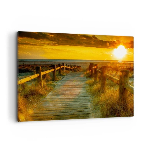Impression sur toile - Image sur toile - Un chemin en bois menant à la plage à la lueur du soleil couchant - 100x70cm - Baigné dans le vieil or - Décoration murale moderne pour le salon et la chambre ARTTOR