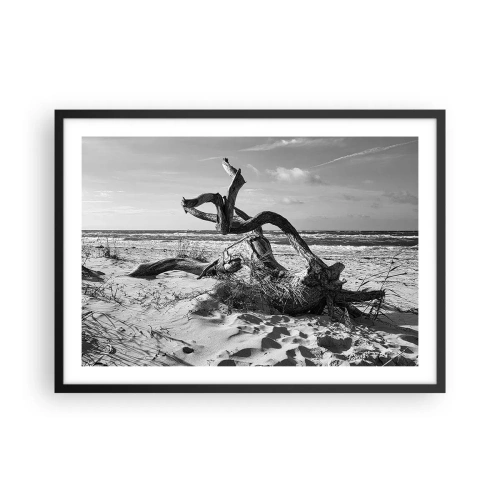 Affiche dans un cadre noir - Poster - Paysage noir et blanc avec un arbre mort sur la plage - 70x50cm - Sculpture marine - Décoration murale moderne pour le salon et la chambre ARTTOR