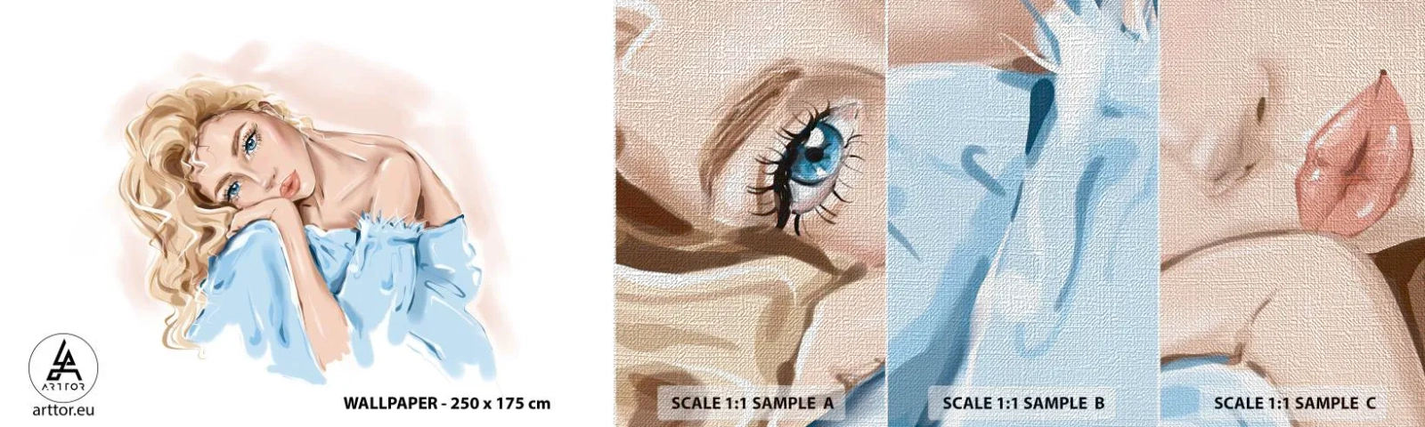 Échantillon de Papier Peint Premium Canvas - Rêveuse en bleu - Femme, Mode, Graphique - 100x30 cm