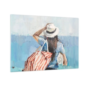 Impression sur verre - Image sur verre - Une femme avec un sac rayé regardant la mer par une journée ensoleillée. - 70x50cm - Bienvenue à vos vacances - Décoration murale moderne pour le salon et la chambre ARTTOR