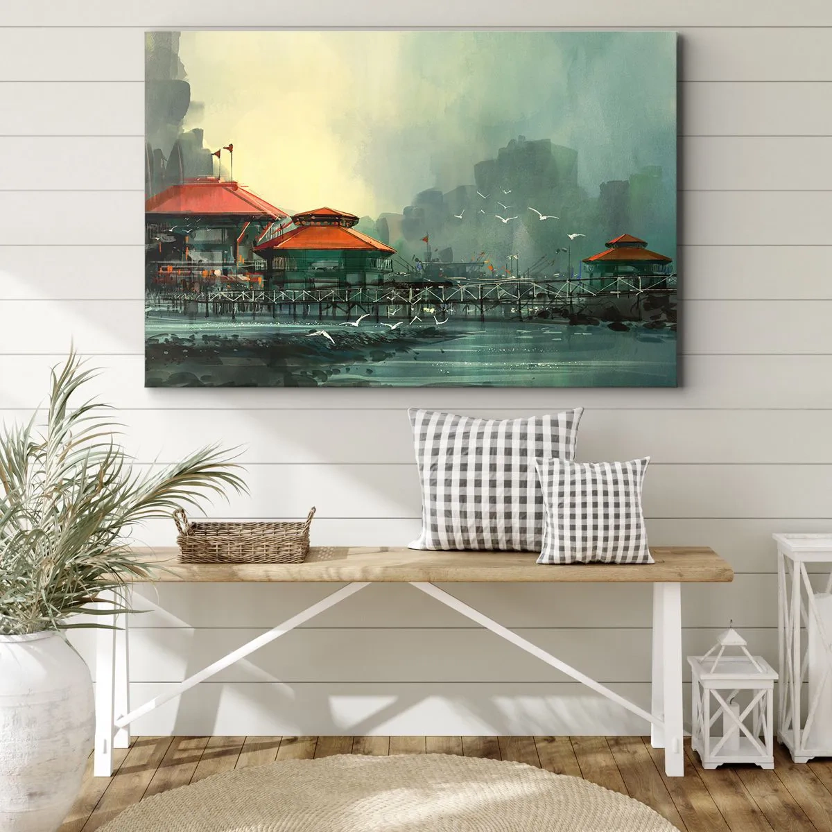 Impression sur toile - Image sur toile - Bâtiments portuaires dans un paysage pluvieux avec des mouettes - 100x70cm - Une journée ensoleillée au port - Décoration murale moderne pour le salon et la chambre ARTTOR
