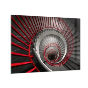 Impression sur verre - Image sur verre - Escalier en colimaçon avec rampes rouges en perspective - 70x50cm - Amusement architectural - Décoration murale moderne pour le salon et la chambre ARTTOR