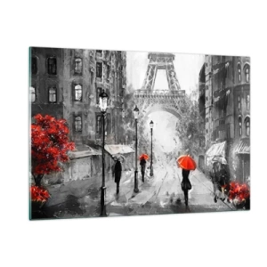 Impression sur verre - Image sur verre - La Tour Eiffel dans un paysage monochrome aux accents rouges - 120x80cm - Tous les chemins mènent à elle - Décoration murale moderne pour le salon et la chambre ARTTOR