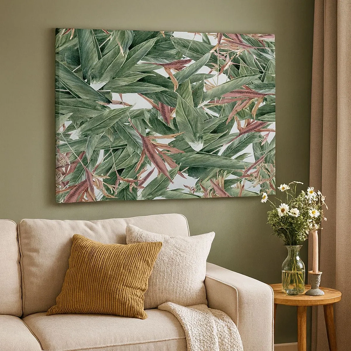 Impression sur toile - Image sur toile - Un motif de feuille décoratif dans des tons de vert et de bordeaux sur un fond clair - 70x50cm - Arbuste émeraude-lilas - Décoration murale moderne pour le salon et la chambre ARTTOR