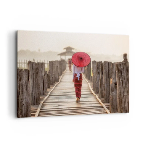 Impression sur toile - Image sur toile - Une femme avec un parapluie rouge sur un pont en bois - 120x80cm - Sur le vieux pont - Décoration murale moderne pour le salon et la chambre ARTTOR