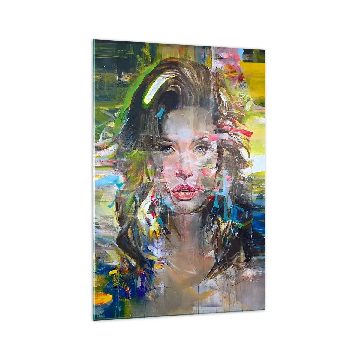 Impression sur verre - Image sur verre - Portrait abstrait d'une femme aux couleurs intenses - 70x100cm - Derrière l'air, un rideau - Décoration murale moderne pour le salon et la chambre ARTTOR
