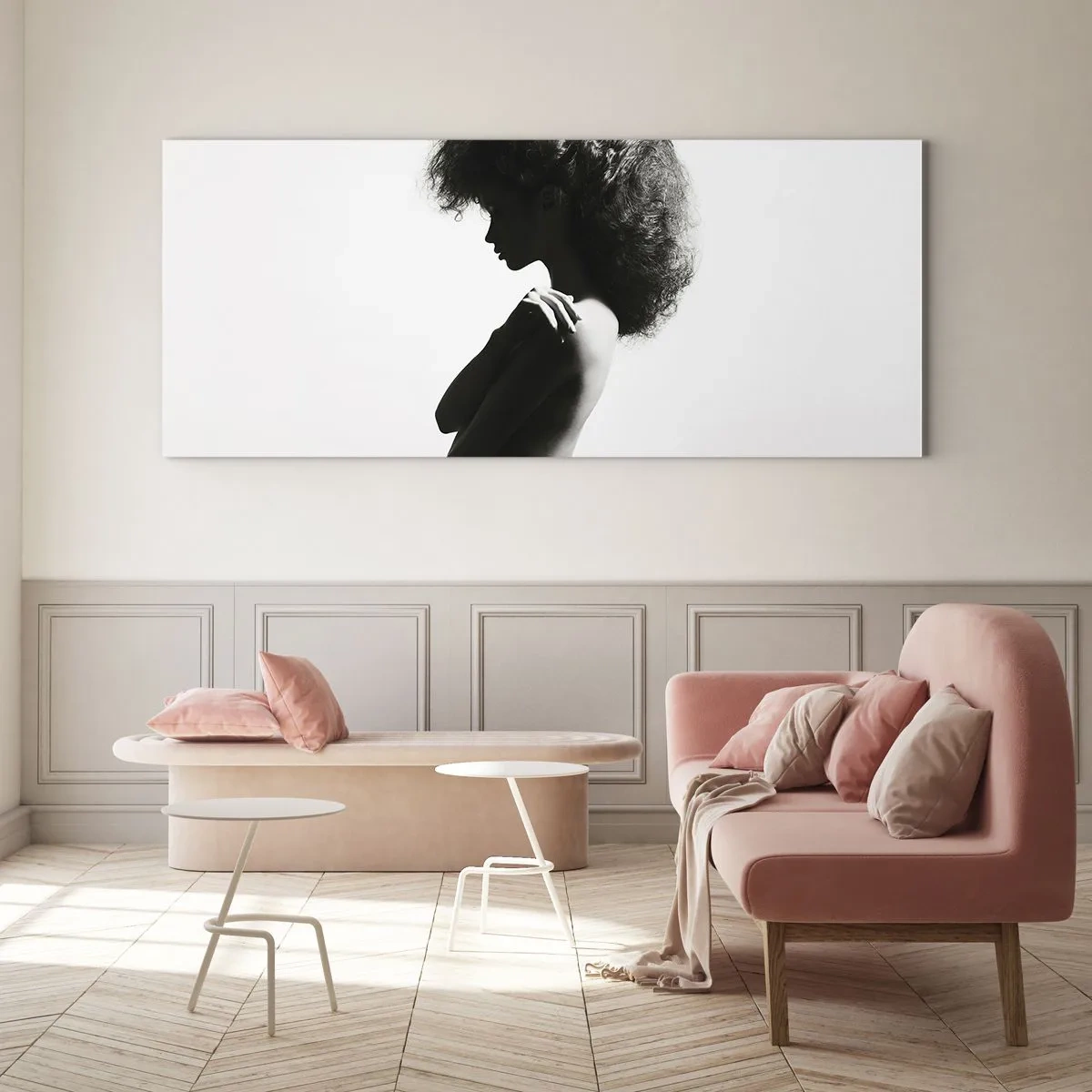 Impression sur verre - Image sur verre - Une silhouette subtile d'une femme dans des tons noirs et blancs sur un fond clair - 140x50cm - Comme une fleur au bout d'une fine tige - Décoration murale moderne pour le salon et la chambre ARTTOR