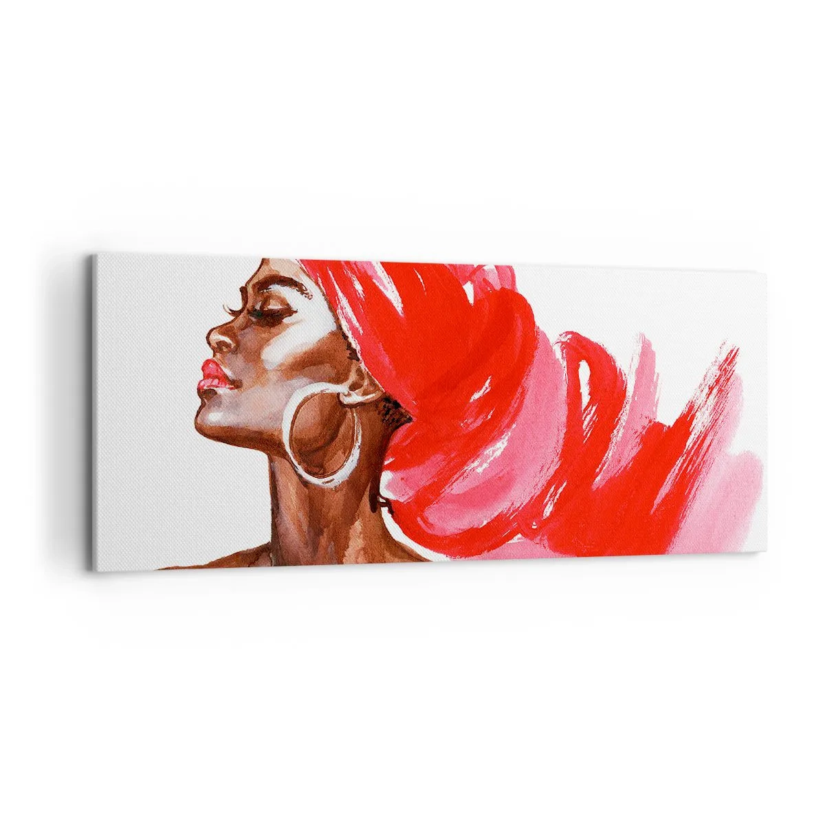 Impression sur toile - Image sur toile - Profil d'une femme avec un turban rouge et des boucles d'oreilles - 120x50cm - "Les cheveux dans le vent" - Décoration murale moderne pour le salon et la chambre ARTTOR