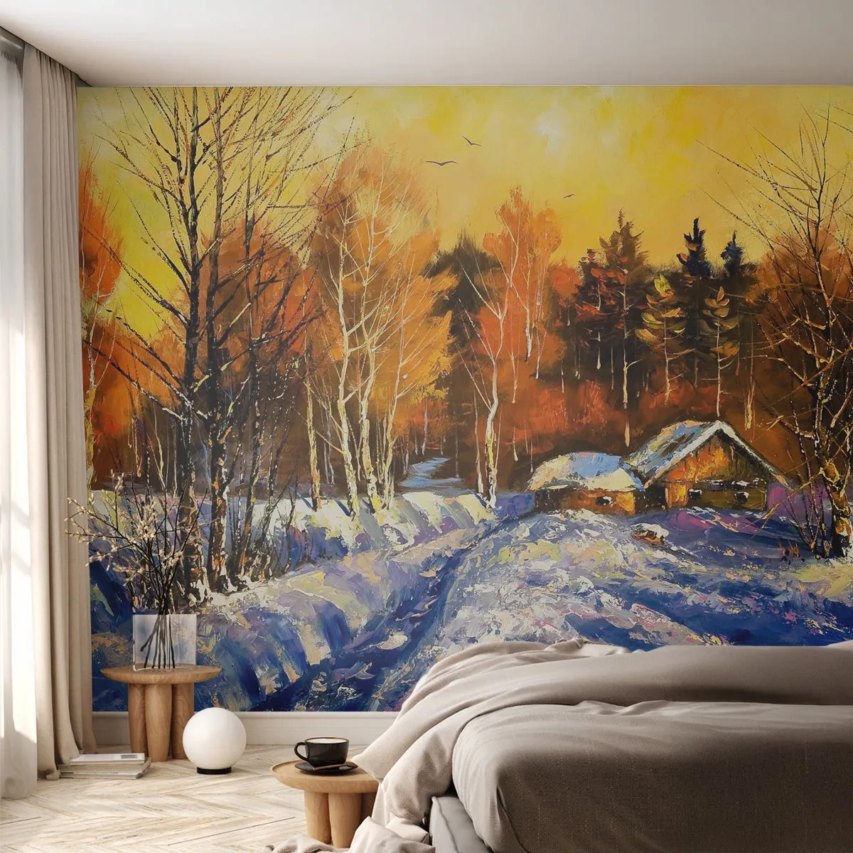 Papier Peint Autocollant Deluxe Sticker - Impression d'hiver au soleil - Paysage, Hiver, Chalet de montagne - 400x280 cm