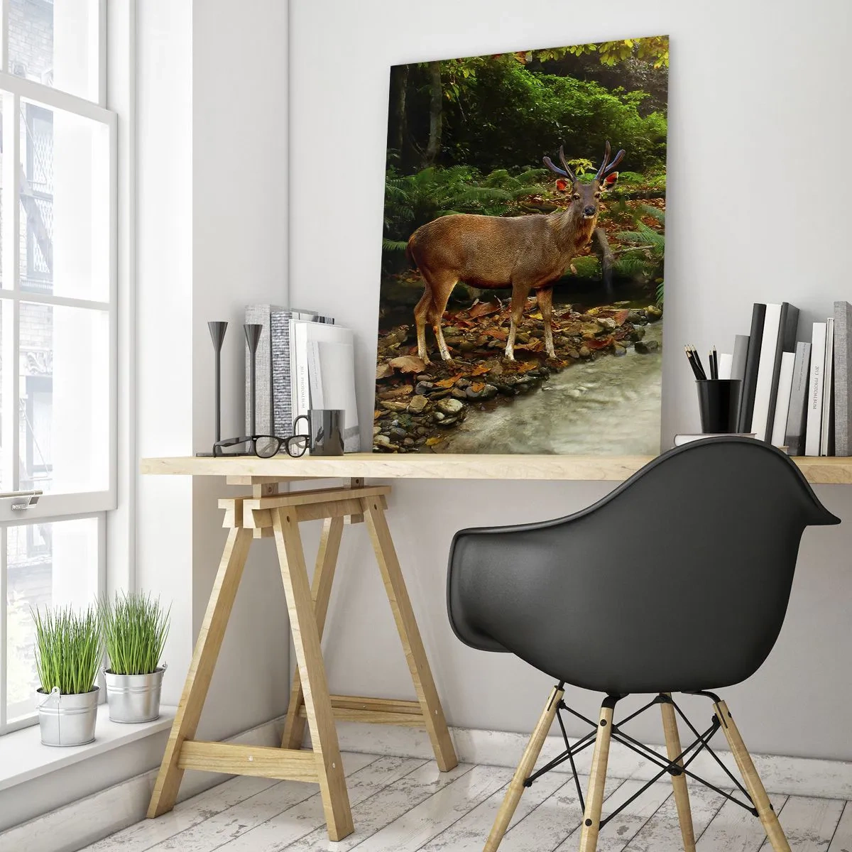 Impression sur verre - Image sur verre - Un cerf près d'un ruisseau entouré de verdure dans la forêt - 80x120cm - Bienvenue dans mon monde - Décoration murale moderne pour le salon et la chambre ARTTOR