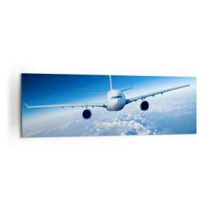 Impression sur toile - Image sur toile - Un avion volant au-dessus des nuages contre un ciel bleu - 160x50cm - Je vole parce que je le veux - Décoration murale moderne pour le salon et la chambre ARTTOR