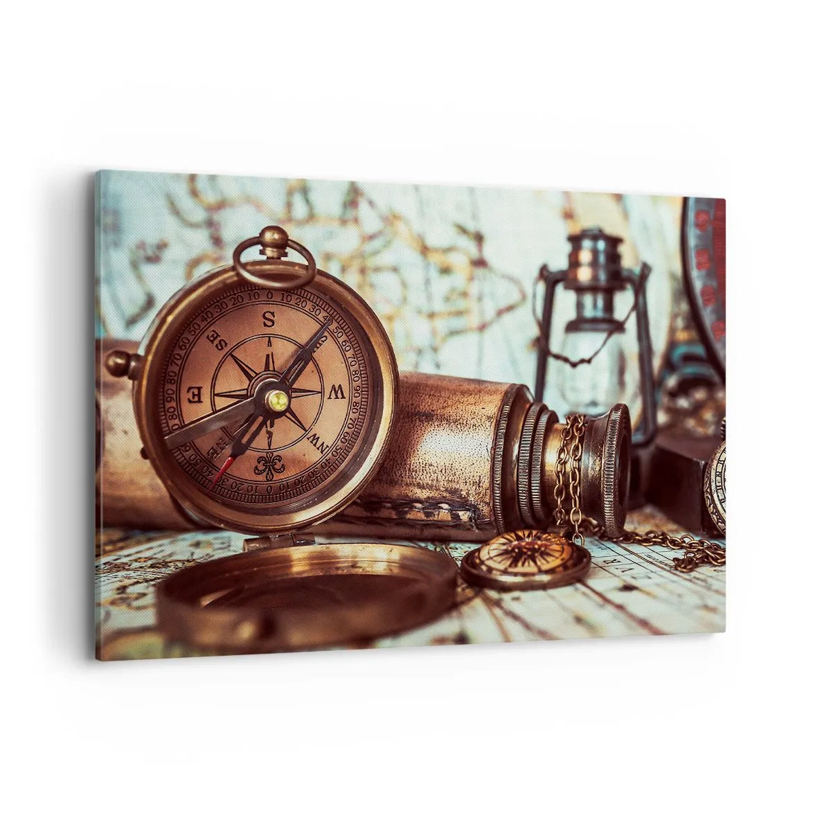 Impression sur toile - Image sur toile - Un ensemble rétro avec une boussole, un télescope et une carte sur le thème du voyage - 120x80cm - Une aventure de pirates dans les Caraïbes vous attend - Décoration murale moderne pour le salon et la chambre ARTTO