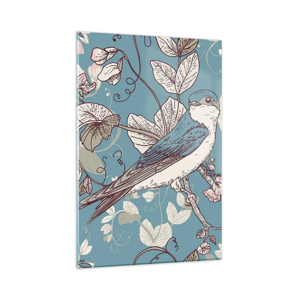 Impression sur verre - Image sur verre - Un oiseau sur une branche dans un style floral délicat - 80x120cm - Dans le bois blanc du rouge et de l'argent - Décoration murale moderne pour le salon et la chambre ARTTOR