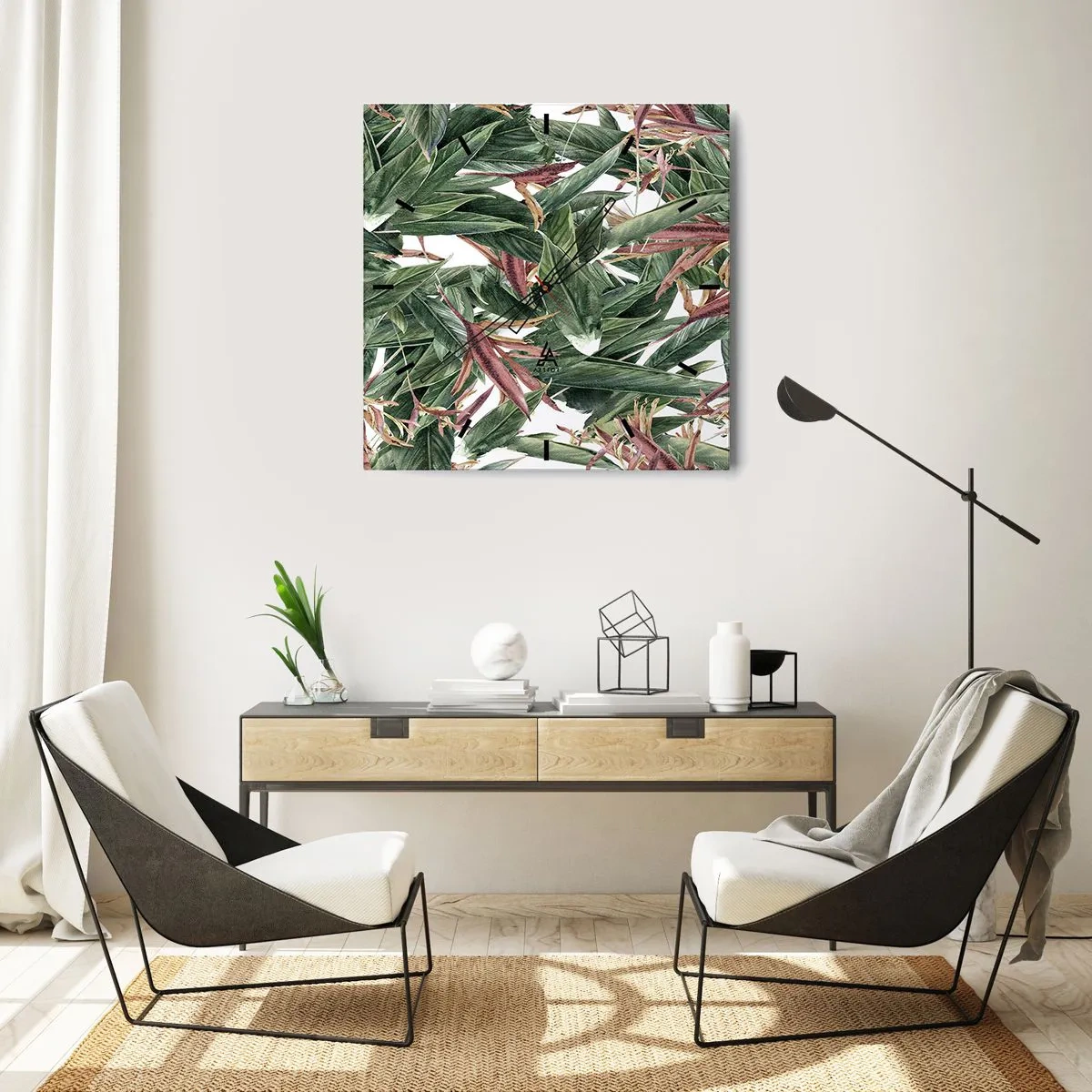 Horloge murale - Pendule murale - Un motif de feuille décoratif dans des tons de vert et de bordeaux sur un fond clair - 30x30cm - Arbuste émeraude-lilas - Décoration murale moderne pour le salon et la chambre ARTTOR