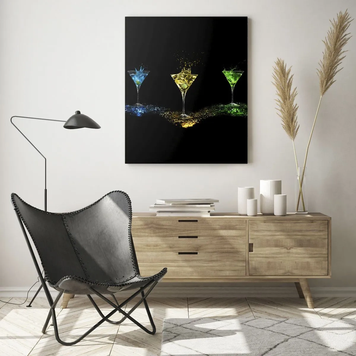 Impression sur verre - Image sur verre - Boissons colorées dans des verres sur fond noir - 50x70cm - Couleurs de joie en verre de cristal - Décoration murale moderne pour le salon et la chambre ARTTOR