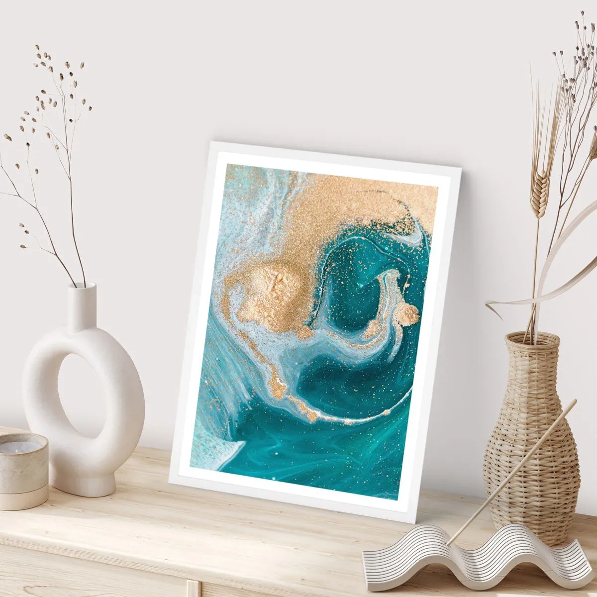 Affiche dans un cadre blanc - Poster - Tourbillon d'or et de turquoise - 30x40 cm