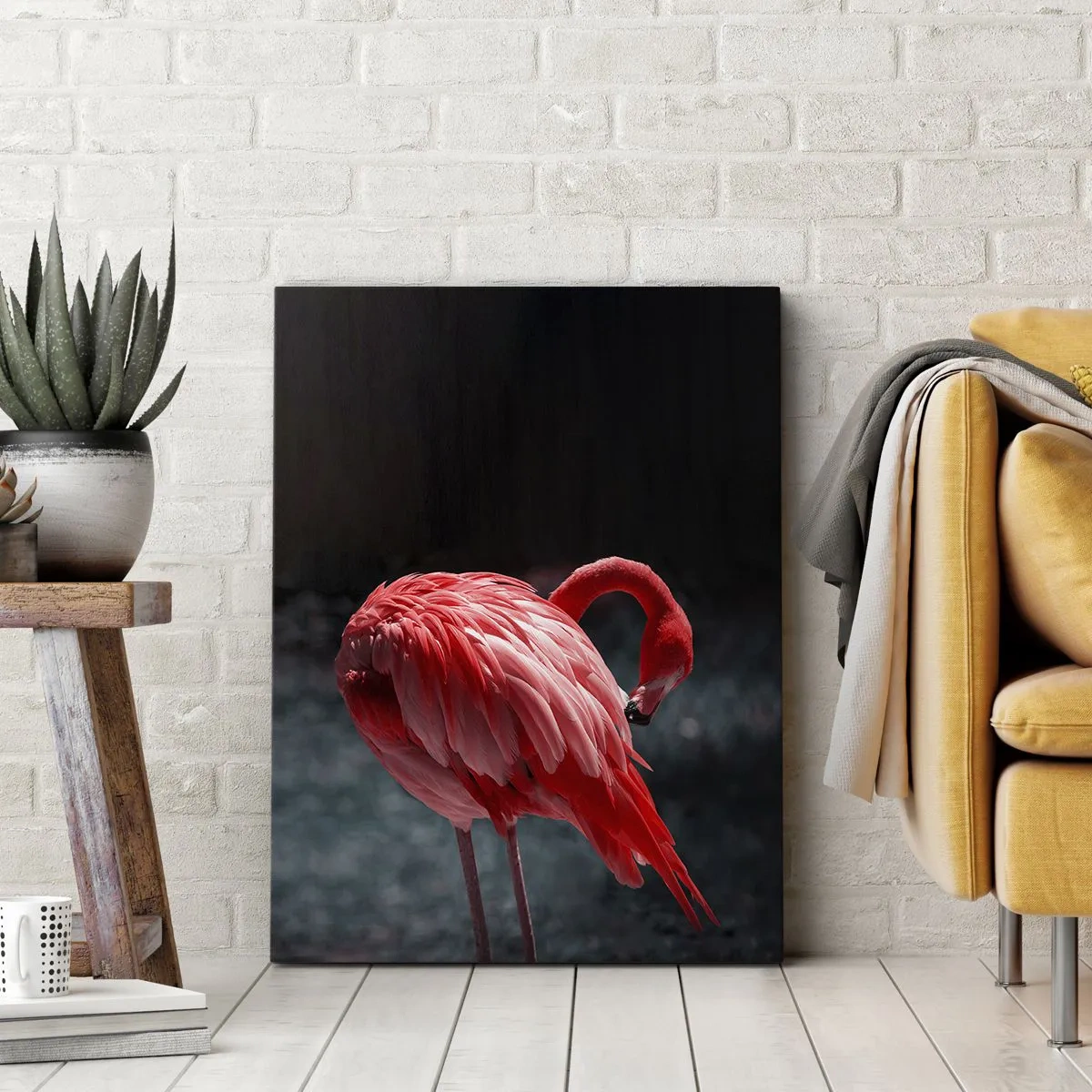 Impression sur toile - Image sur toile - Un flamant rose sur fond vert foncé - 70x100cm - Poème cramoisi de la nature - Décoration murale moderne pour le salon et la chambre ARTTOR