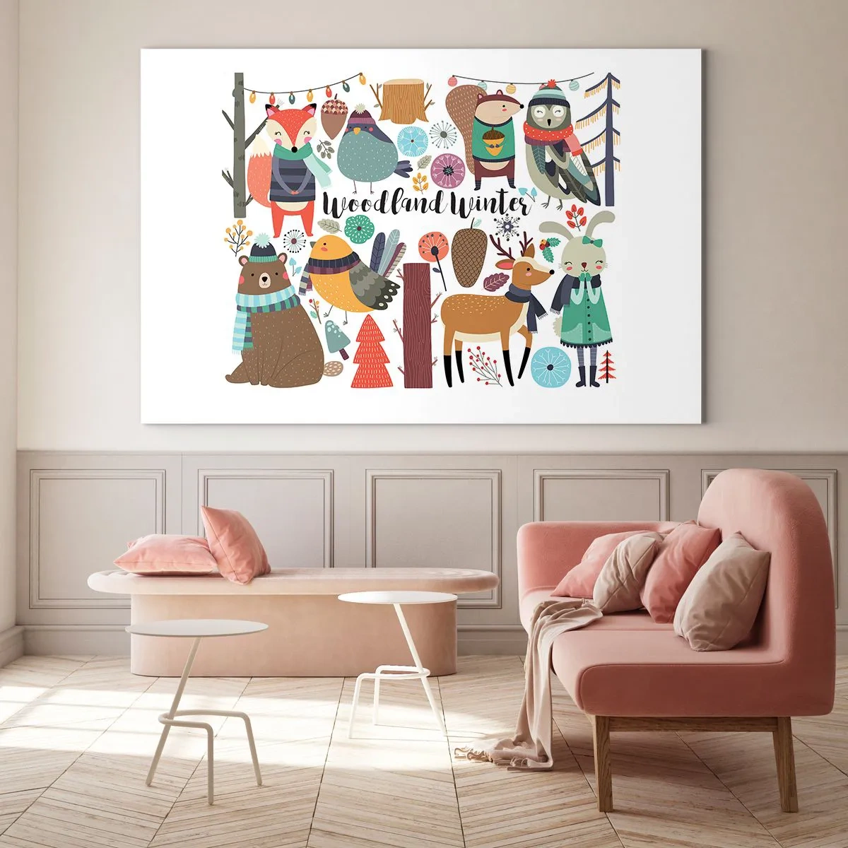 Impression sur verre - Image sur verre - Forêt d'hiver avec des animaux mignons en illustration - 70x50cm - Un monde de conte de fées en forêt - Décoration murale moderne pour le salon et la chambre ARTTOR