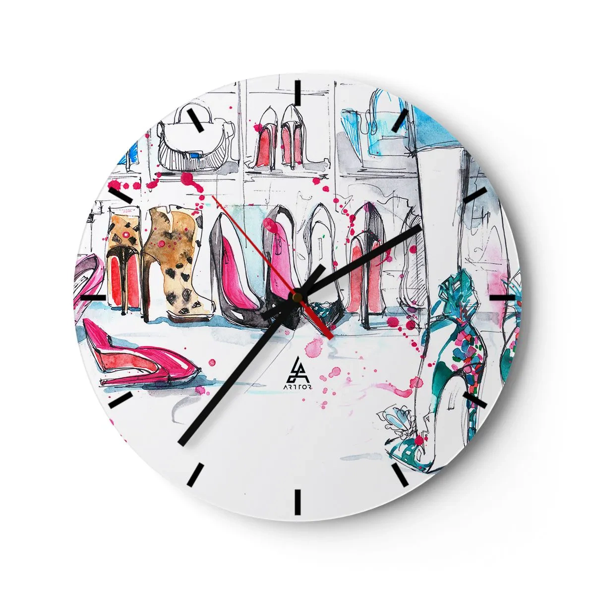 Horloge murale - Pendule murale - Chaussures à talons hauts élégantes dans un magasin d'accessoires élégant - 30x30cm - Sésame, ouvre-toi - Décoration murale moderne pour le salon, la cuisine et la chambre ARTTOR