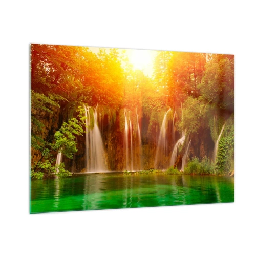 Impression sur verre - Image sur verre - Cascades dans une forêt ensoleillée avec de l'eau turquoise - 100x70cm - Au soleil et à l'ombre - Décoration murale moderne pour le salon et la chambre ARTTOR