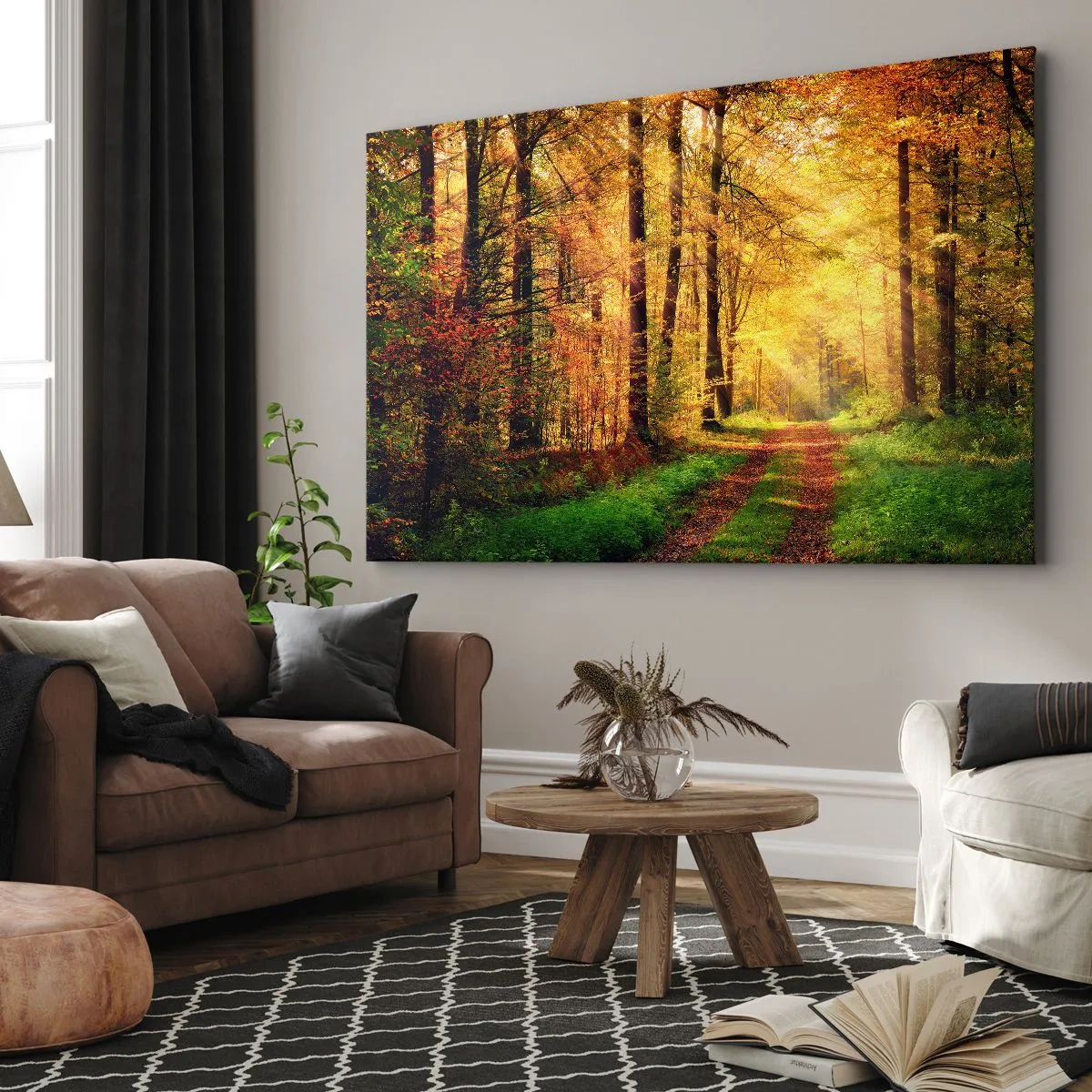 Impression sur toile - Image sur toile - Un chemin forestier entouré d'arbres dorés et verts - 120x80cm - Silence d'or en forêt - Décoration murale moderne pour le salon et la chambre ARTTOR