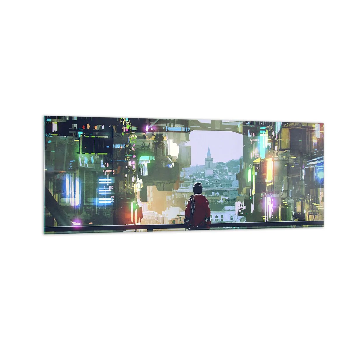 Impression sur verre - Image sur verre - Une silhouette dans une ville futuriste avec des néons - 140x50cm - Deux mondes - Décoration murale moderne pour le salon et la chambre ARTTOR