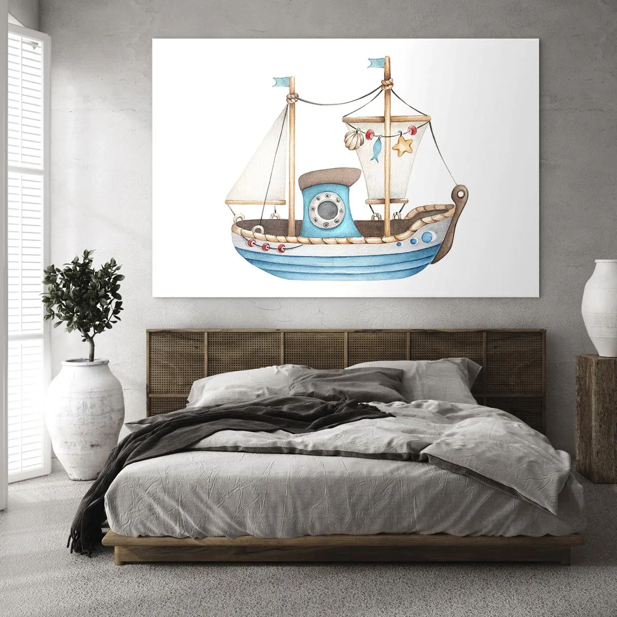 Impression sur verre - Image sur verre - Illustration d'un bateau pour enfants sur fond blanc - 120x80cm - Ohé, l'aventure ! - Décoration murale moderne pour le salon et la chambre ARTTOR
