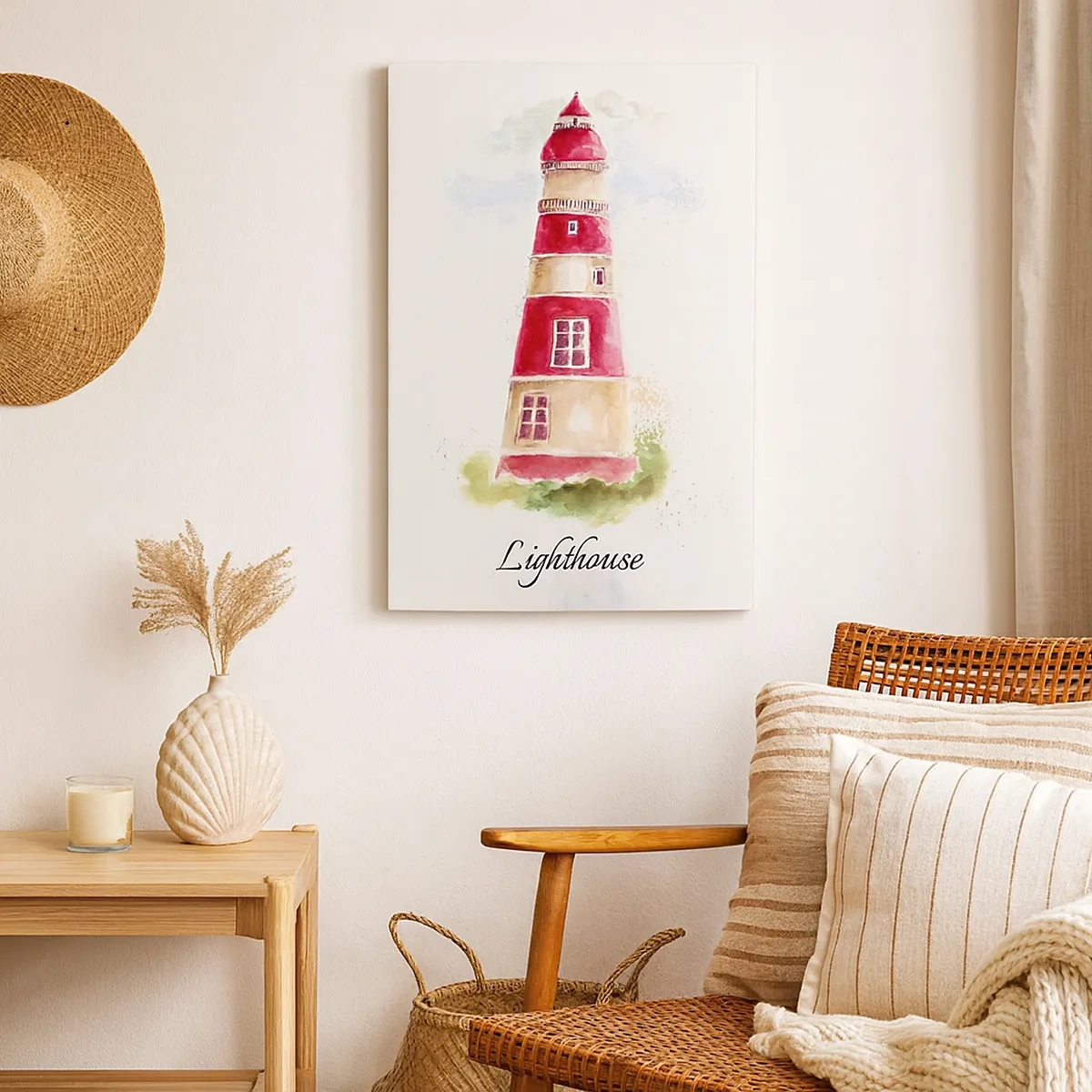 Impression sur toile - Image sur toile - Une aquarelle représentant un phare sur fond clair avec une inscription - 50x70cm - Il y a toujours beau temps autour - Décoration murale moderne pour le salon et la chambre ARTTOR