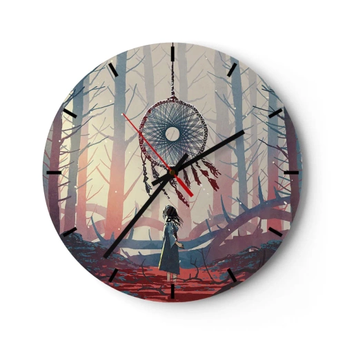 Horloge murale - Pendule murale - Une silhouette dans la forêt regardant un attrape-rêves dans une lumière mystérieuse. - 30x30cm - Rituel secret du bonheur - Décoration murale moderne pour le salon, la cuisine et la chambre ARTTOR
