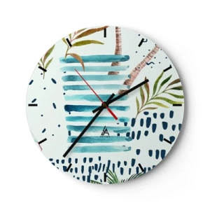 Horloge murale - Pendule murale - Palmiers abstraits et motifs bleus - 30x30cm - Des vacances sous les palmiers - Décoration murale moderne pour le salon, la cuisine et la chambre ARTTOR