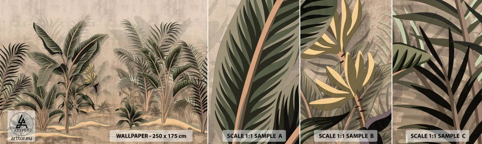 Échantillon De Papier Peint Standard Eco - Une gravure de style colonial - Forêt tropicale, Cocotier, Bananier - 100x30 cm