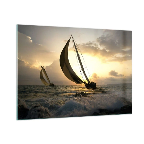 Impression sur verre - Image sur verre - Voiliers dans une mer agitée au coucher du soleil - 100x70cm - Avec le vent et contre le vent - Décoration murale moderne pour le salon et la chambre ARTTOR