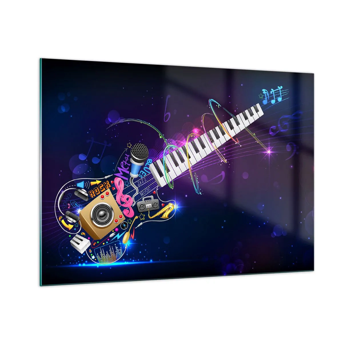 Impression sur verre - Image sur verre - Composition musicale colorée avec instruments et notes - 100x70cm - Et tout va bien - Décoration murale moderne pour le salon et la chambre ARTTOR