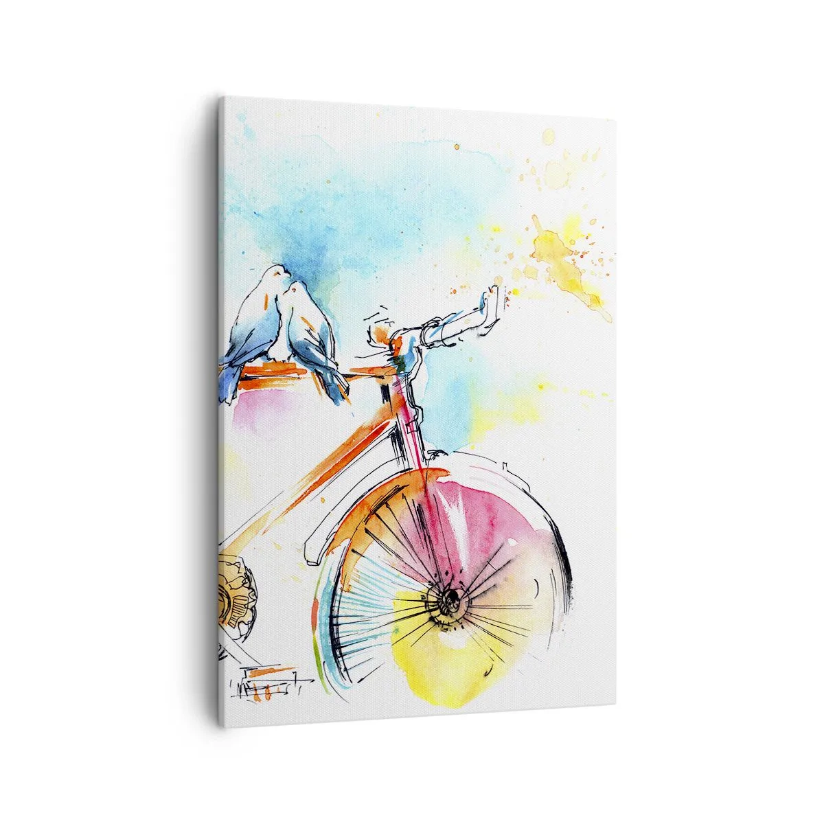 Impression sur toile - Image sur toile - Aquarelle colorée d'un vélo avec des oiseaux assis dessus - 50x70cm - À deux en vélo - Décoration murale moderne pour le salon et la chambre ARTTOR