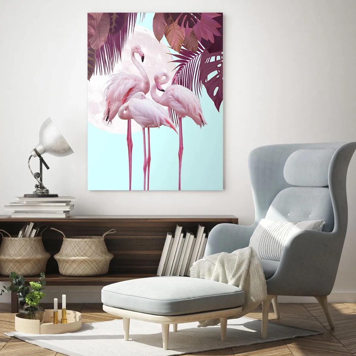 Impression sur verre - Image sur verre - Flamants roses sur fond de lune et de feuilles tropicales - 80x120cm - Trois oiseaux gracieux - Décoration murale moderne pour le salon et la chambre ARTTOR