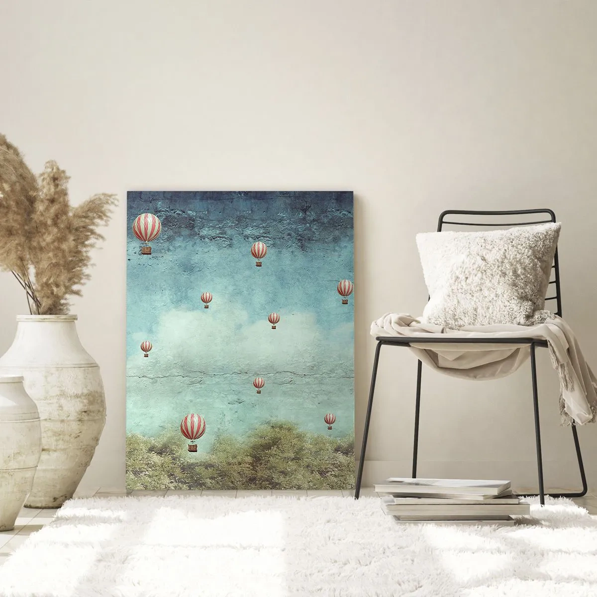 Impression sur verre - Image sur verre - Ballons rétro sur fond de ciel bleu et de verdure - 80x120cm - Libre de l'agitation de la vie - Décoration murale moderne pour le salon et la chambre ARTTOR