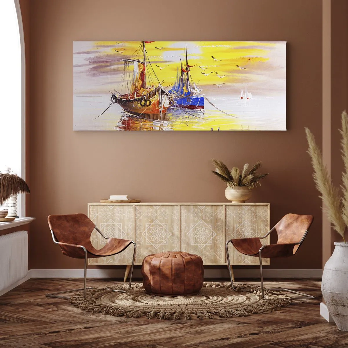Impression sur toile - Image sur toile - Une scène picturale de bateaux sur une mer calme - 140x50cm - Un repos bien mérité au port - Décoration murale moderne pour le salon et la chambre ARTTOR