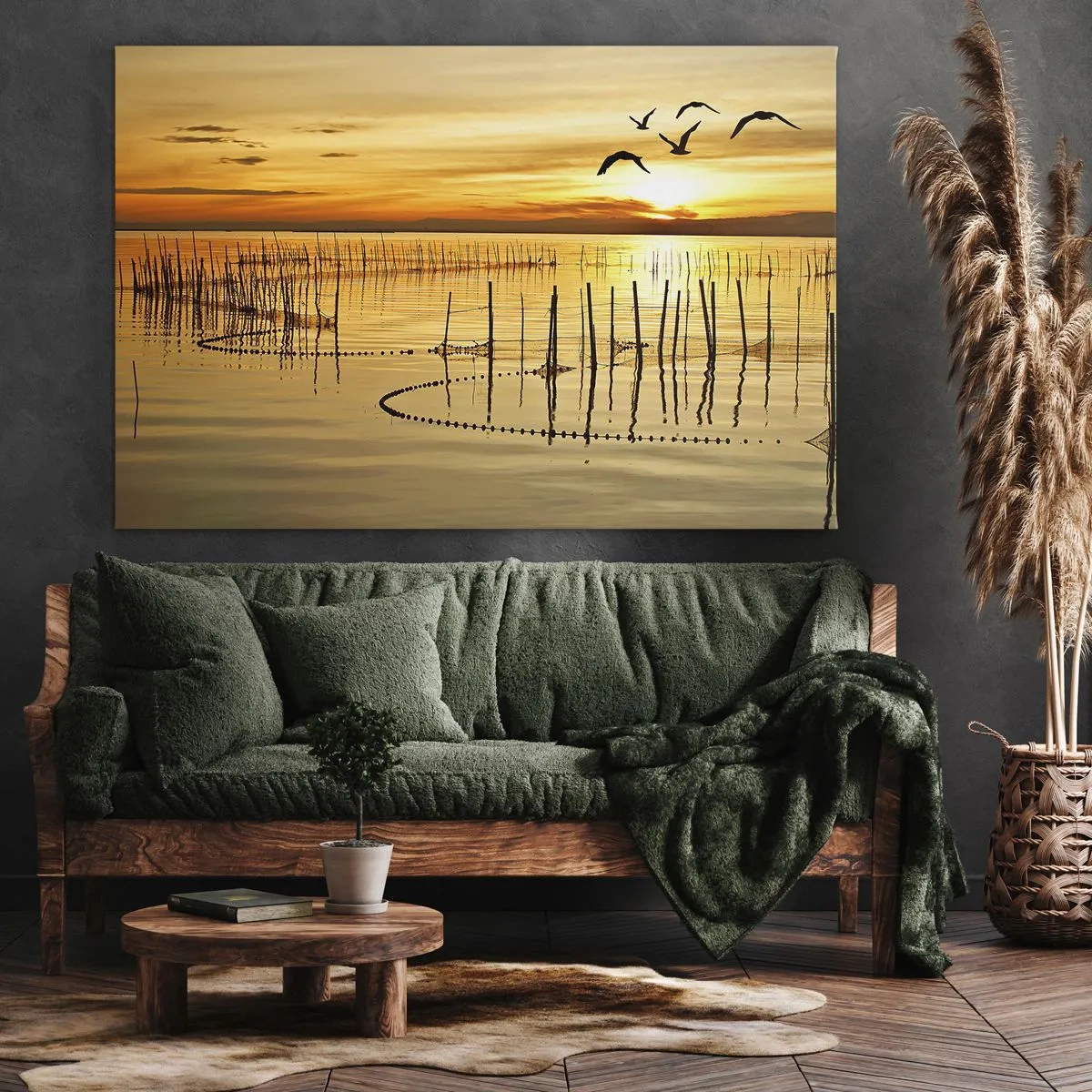 Impression sur toile - Image sur toile - Coucher de soleil sur l'eau avec des oiseaux en vol - 100x70cm - À la pêche - Décoration murale moderne pour le salon et la chambre ARTTOR