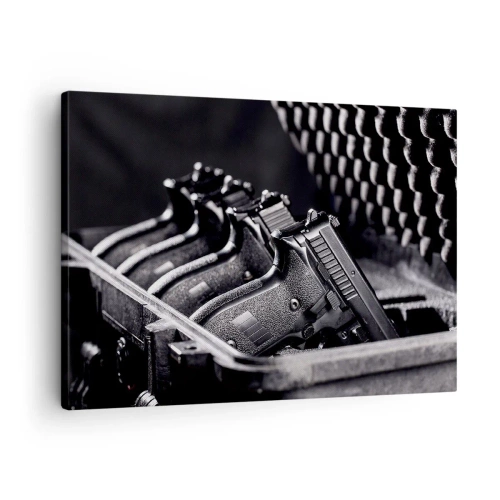 Impression sur toile - Image sur toile - Une image en noir et blanc d'une pile d'armes dans une valise. - 70x50cm - Sport masculin - Décoration murale moderne pour le salon et la chambre ARTTOR
