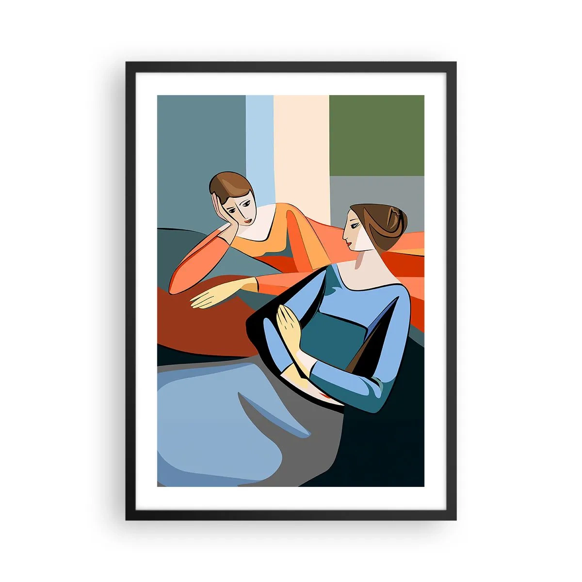 Affiche dans un cadre noir - Poster - Une illustration moderne de deux femmes dans un style cubiste. - 50x70cm - Un moment de confiance - Décoration murale moderne pour le salon et la chambre ARTTOR