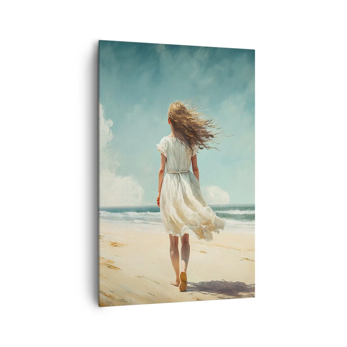 Impression sur toile - Image sur toile - Une femme en robe blanche marchant sur la plage par une journée ensoleillée - 80x120cm - Pour rencontrer le soleil et le vent - Décoration murale moderne pour le salon et la chambre ARTTOR
