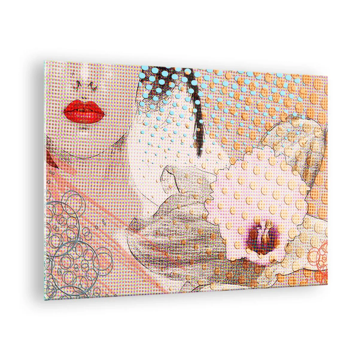 Impression sur verre - Image sur verre - Illustration d'un portrait de femme avec une fleur en arrière-plan dans le style pop art - 70x50cm - Héroïne de bande dessinée - Décoration murale moderne pour le salon et la chambre ARTTOR