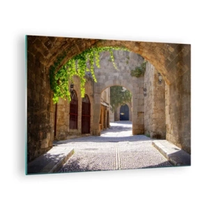 Impression sur verre - Image sur verre - Une rue en pierre avec des arches et des vignes au soleil - 70x50cm - Le cortège apparaîtra bientôt - Décoration murale moderne pour le salon et la chambre ARTTOR