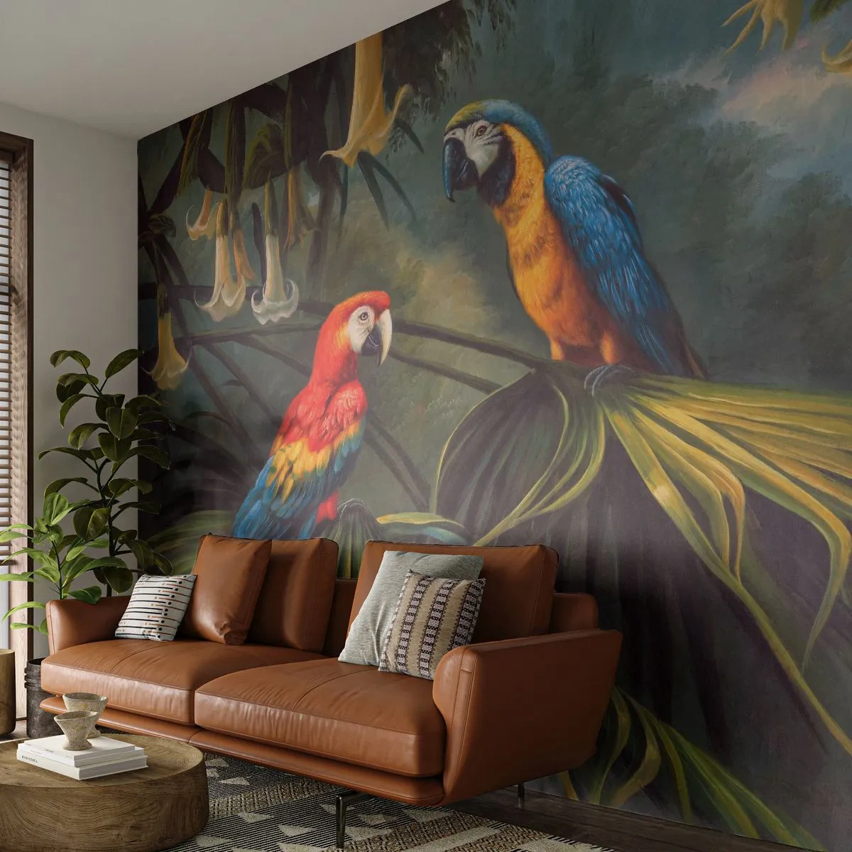 Papier Peint Photo Standard Eco - Deux perroquets colorés dans une jungle tropicale - 100x70cm - Romantisme dans les tropiques - Décoration murale moderne pour le salon et la chambre ARTTOR