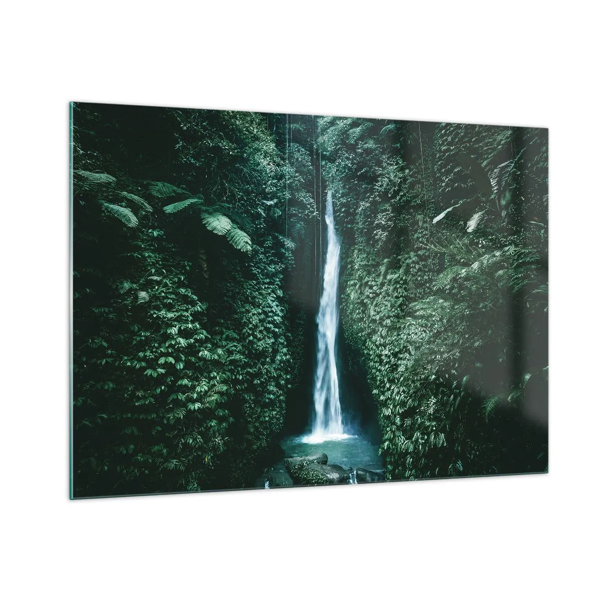 Impression sur verre - Image sur verre - Une cascade au milieu d'une végétation tropicale dense - 100x70cm - Fontaine tropicale - Décoration murale moderne pour le salon et la chambre ARTTOR