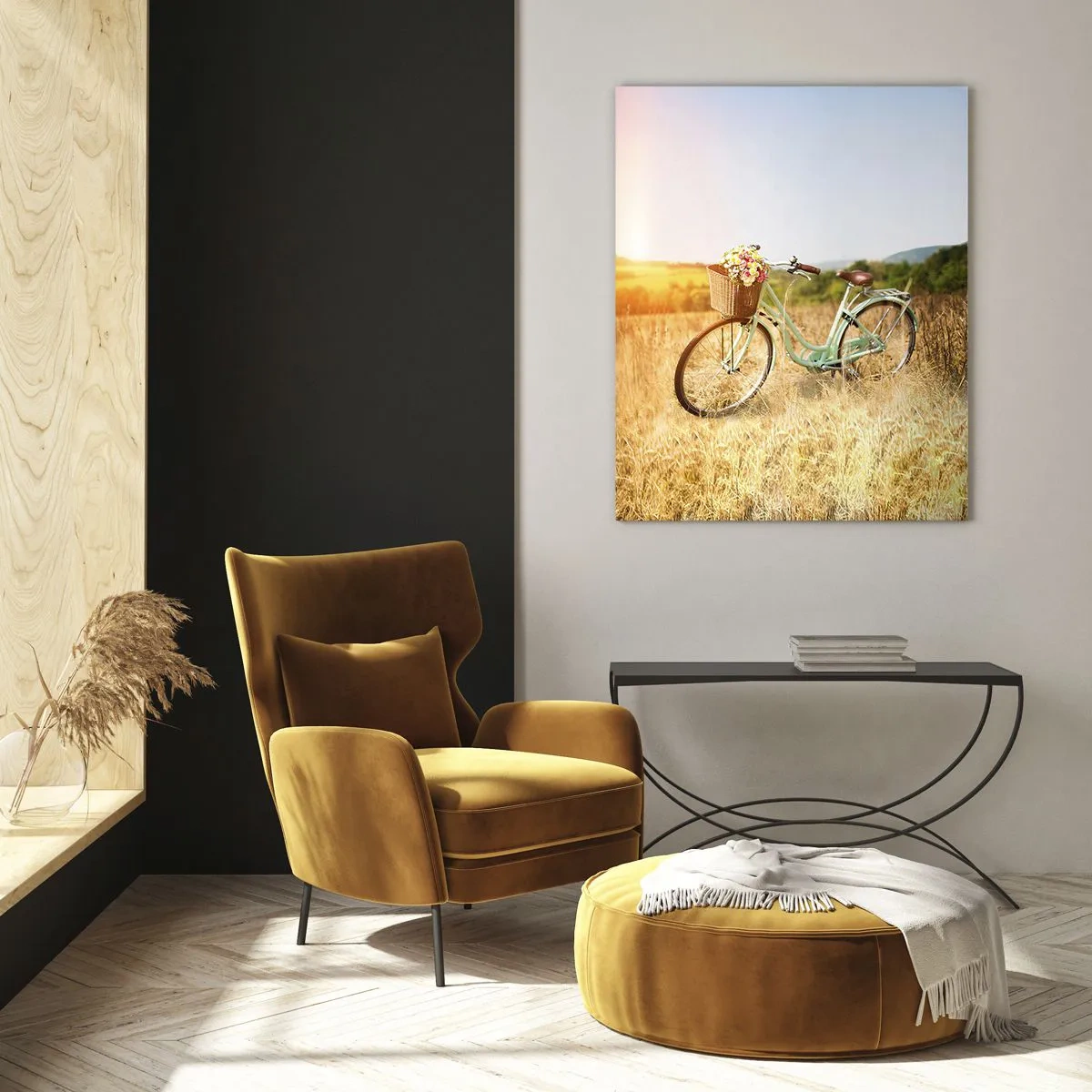 Impression sur verre - Image sur verre - Un vélo rétro avec un panier rempli de fleurs sur fond de prairie. - 80x120cm - Je vais rester un petit moment - Décoration murale moderne pour le salon et la chambre ARTTOR