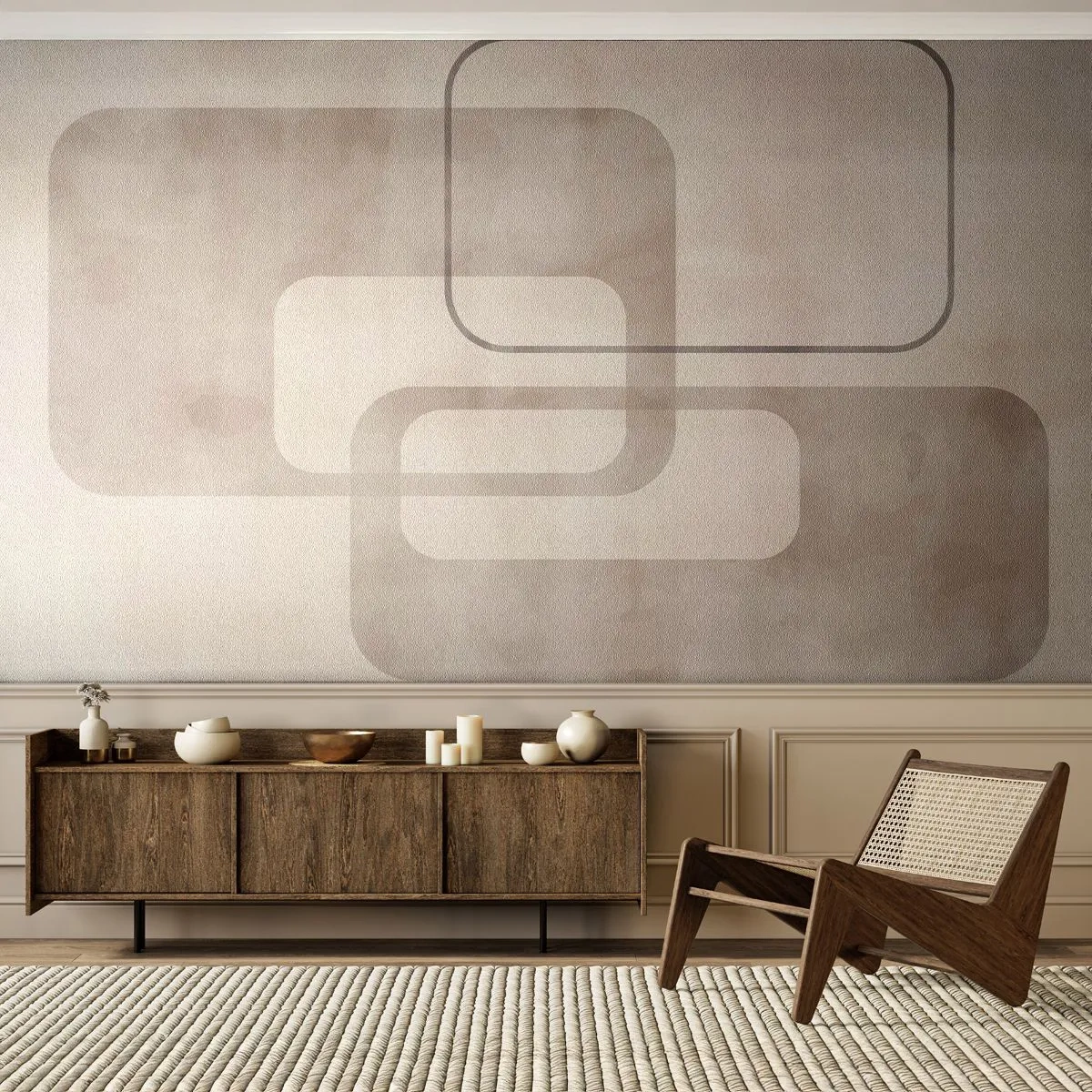 Papier Peint Photo Premium Sand - Formes géométriques beiges sur fond clair - 100x70cm - Fugue géométrique - Décoration murale moderne pour le salon et la chambre ARTTOR