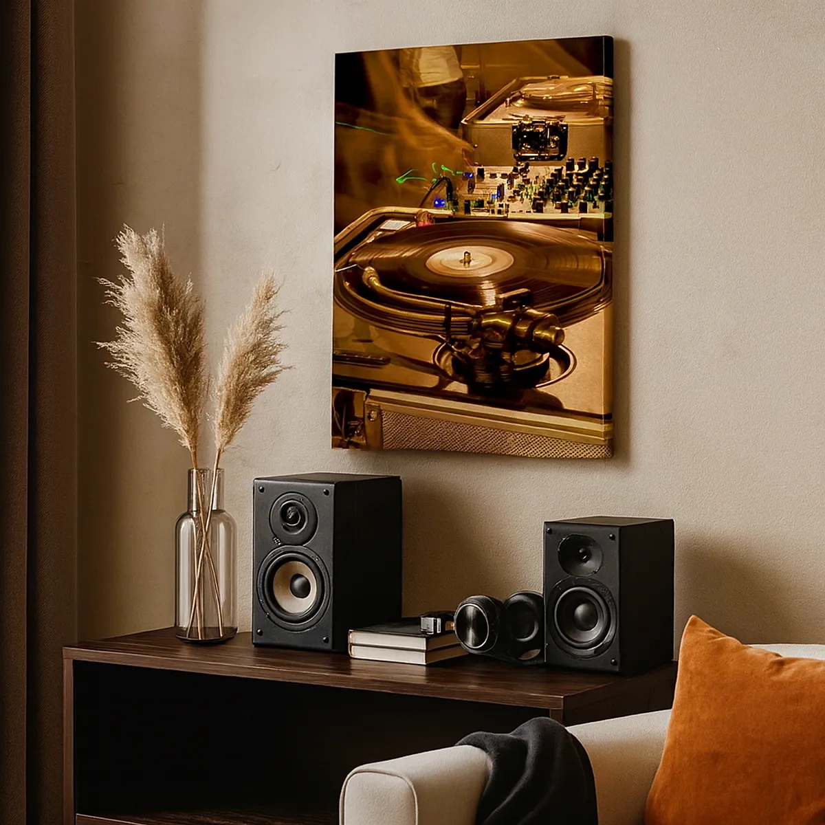Impression sur toile - Image sur toile - Équipement DJ avec platine et table de mixage lors d'une fête - 50x70cm - Sentez-vous cette force? - Décoration murale moderne pour le salon et la chambre ARTTOR